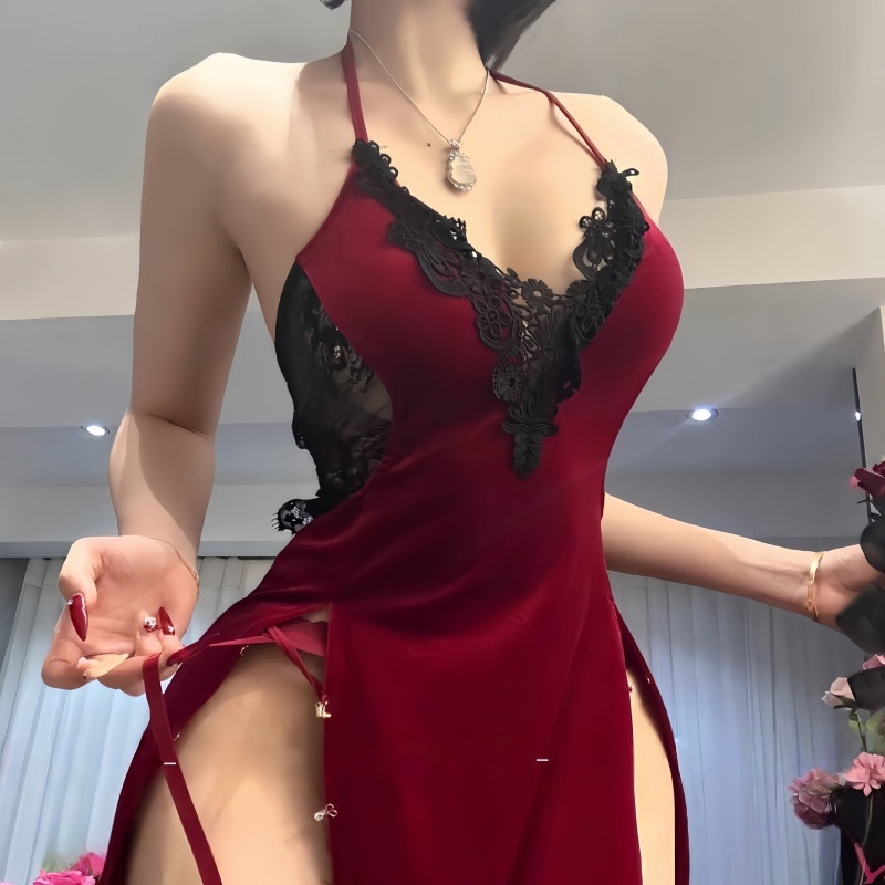 Set feminin pentru roluri, uniformă inspirată de cheongsam, pijama cu dantelă și despicare, țesătură poliester, conținut poliester <30%, lansare primăvara 2025