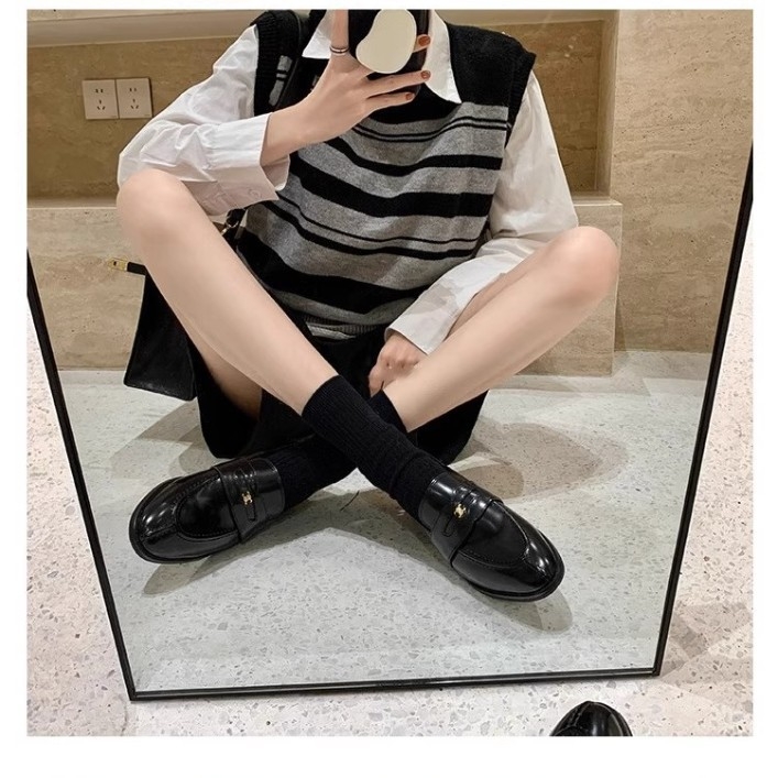 Ženske loafers, Sveučilišni stil, Dvostruka teleća koža gornji dio, Okrugla špička, 3–5 cm debeli pet