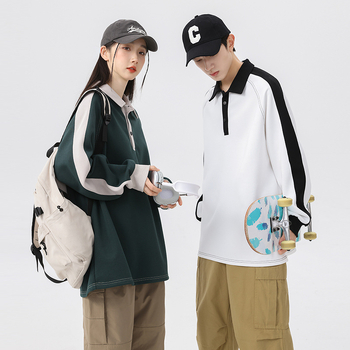 Vīriešu polo džemperis ar krāsu blokiem, augsta apkakle, garas piedurknes, brīvs griezums, poliester