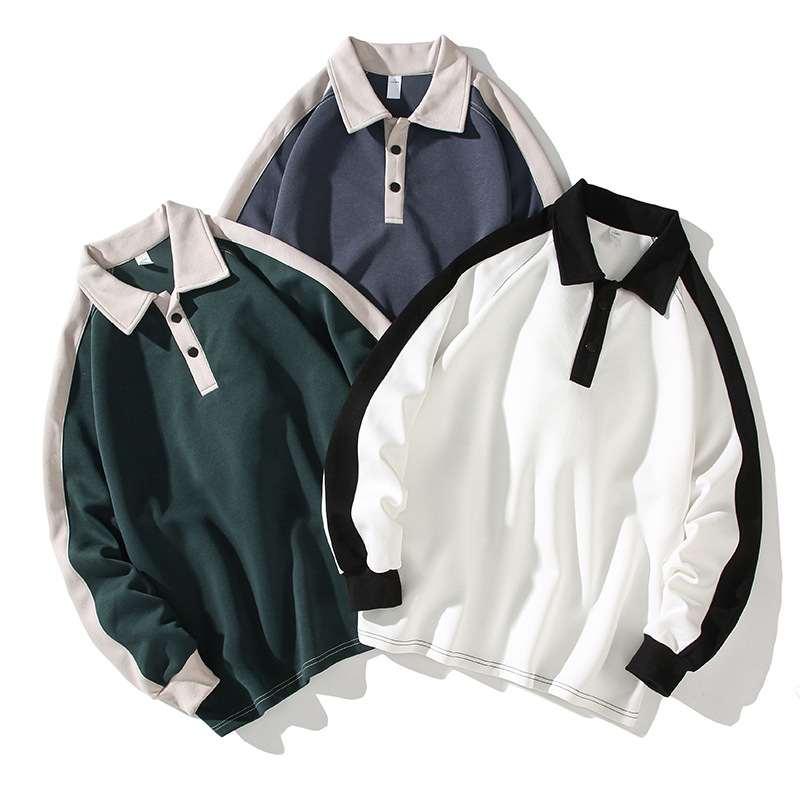 Vīriešu polo džemperis ar krāsu blokiem, augsta apkakle, garas piedurknes, brīvs griezums, poliester