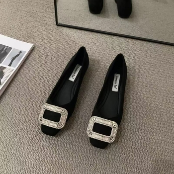 Loafers cu vârf drept, exterior textil, PU branț, talpă din cauciuc, toc plat