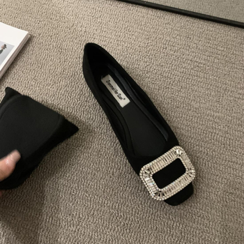 Loafers cu vârf drept, exterior textil, PU branț, talpă din cauciuc, toc plat