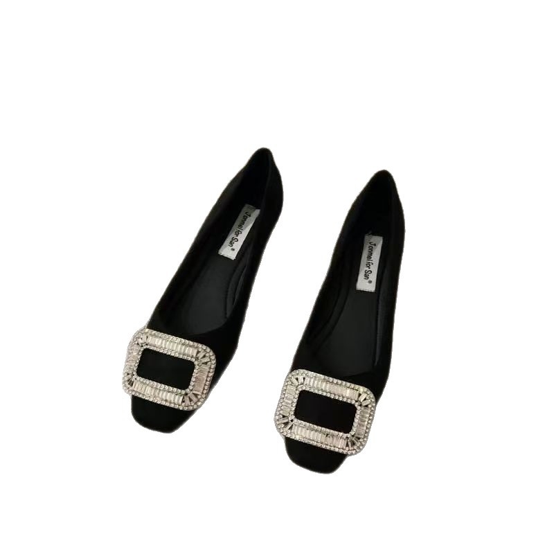 Loafers cu vârf drept, exterior textil, PU branț, talpă din cauciuc, toc plat