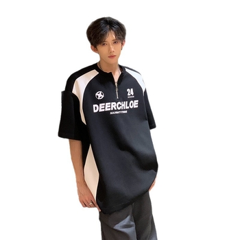 Meeste tähemärkide trükiga T-särk, pool-zip biker-stiilis, polüesteri segu, ringkaelus, lühikesed varrukad, suvi