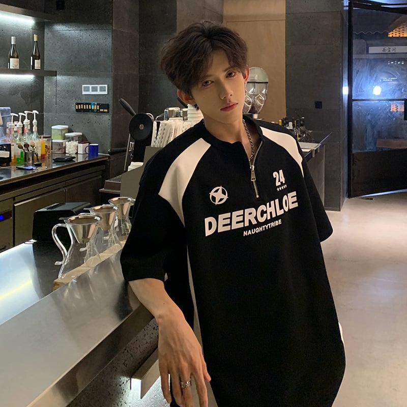 Meeste tähemärkide trükiga T-särk, pool-zip biker-stiilis, polüesteri segu, ringkaelus, lühikesed varrukad, suvi