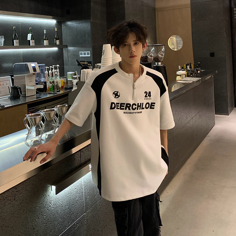 Meeste tähemärkide trükiga T-särk, pool-zip biker-stiilis, polüesteri segu, ringkaelus, lühikesed varrukad, suvi