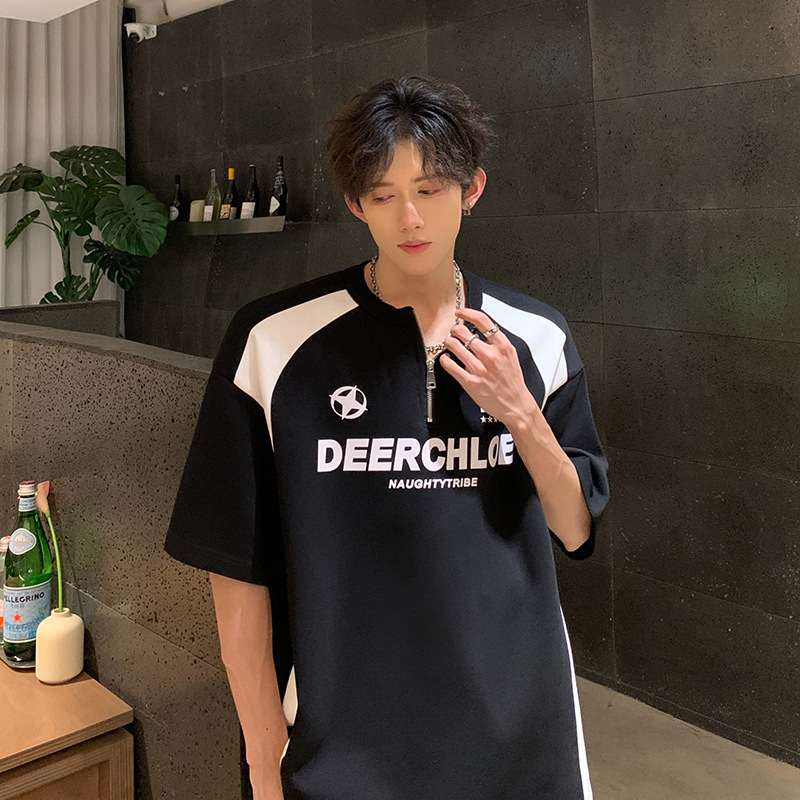 Meeste tähemärkide trükiga T-särk, pool-zip biker-stiilis, polüesteri segu, ringkaelus, lühikesed varrukad, suvi