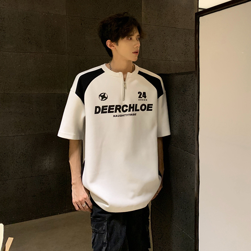 Meeste tähemärkide trükiga T-särk, pool-zip biker-stiilis, polüesteri segu, ringkaelus, lühikesed varrukad, suvi