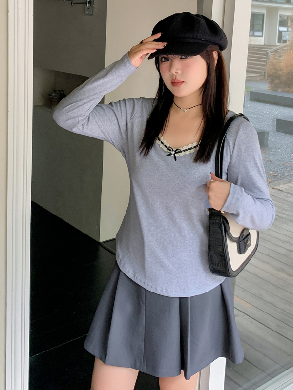 Ženski T-shirt s dugim rukavima i mašnicom, okrugli izrez, uska silueta, pamuk-spandeks mješavina, jednobojni uzorak