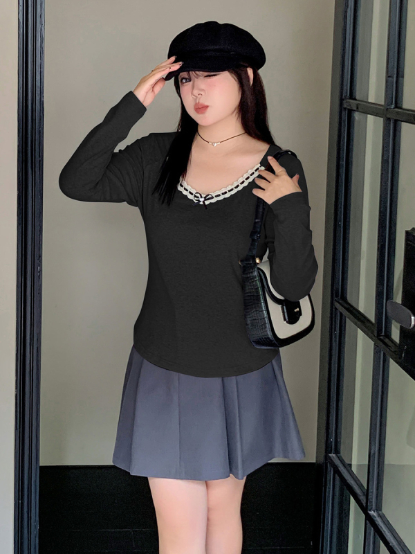 Ženski T-shirt s dugim rukavima i mašnicom, okrugli izrez, uska silueta, pamuk-spandeks mješavina, jednobojni uzorak