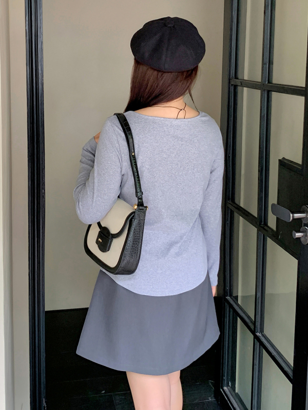 Ženski T-shirt s dugim rukavima i mašnicom, okrugli izrez, uska silueta, pamuk-spandeks mješavina, jednobojni uzorak