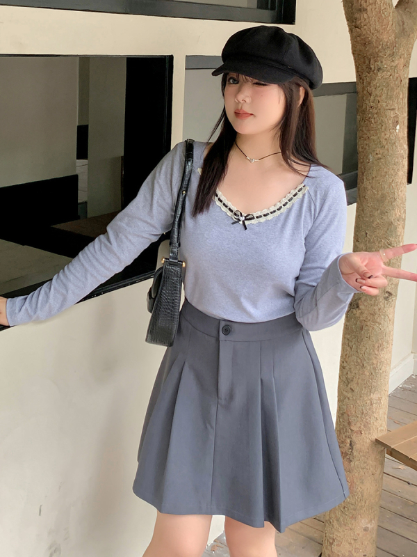 Ženski T-shirt s dugim rukavima i mašnicom, okrugli izrez, uska silueta, pamuk-spandeks mješavina, jednobojni uzorak