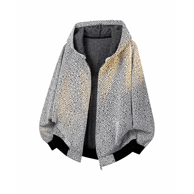 Csíkos kötött modellű dzseki kapucnival, cipzárral, poliészter anyag, laza szabás