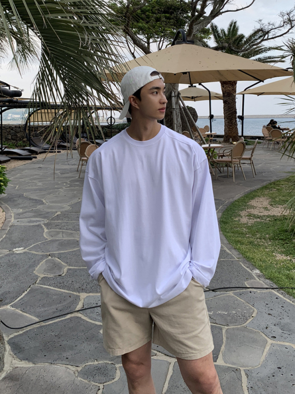 T-särk, Korea-stiil, lõdva lõikega, 96% puuvillane, ümmarguse kaelusega, pikkade varrukatega