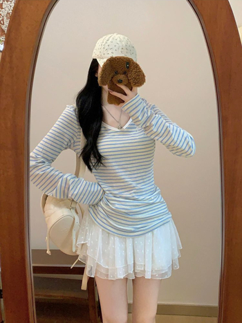 Korejskog stila, ležernog kroja, T-shirt s prugama od pamuka-spandeksa, dugi rukavi, V-dekolte