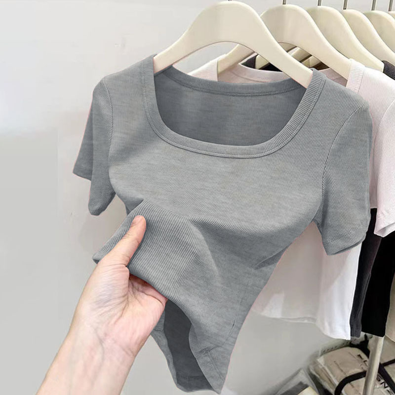 Ženski poliester kratkih rukava T-shirt, četvrtasti ovratnik, uski kroj, elegantan stil, proljeće 2025