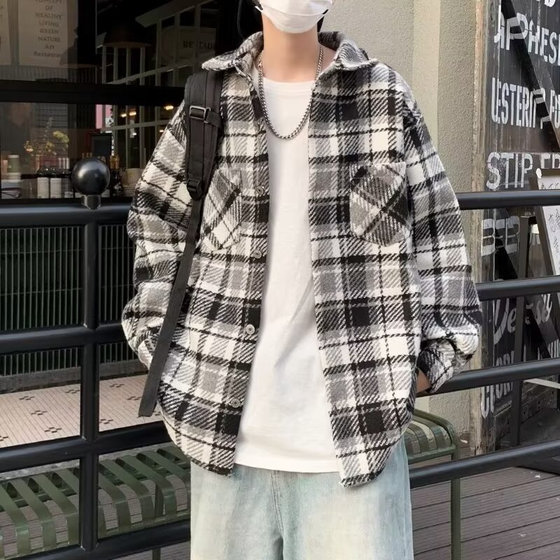 Dzseki Hongkong-stílusban, kockás minta, gallér lapel, laza szabásvonal, egysoros gombolás