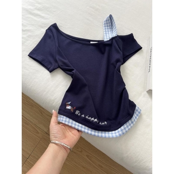 Tricou damă slim-fit cu mânecă scurtă, patchwork în carouri și broderie, poliester