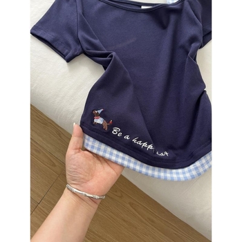 Tricou damă slim-fit cu mânecă scurtă, patchwork în carouri și broderie, poliester