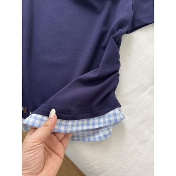 Tricou damă slim-fit cu mânecă scurtă, patchwork în carouri și broderie, poliester