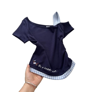 Tricou damă slim-fit cu mânecă scurtă, patchwork în carouri și broderie, poliester