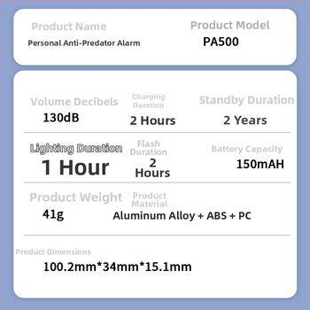 Asmeninis įspėjamasis prietaisas prieš vilkus, 130 dB, įkraunamas aliuminio lydinio korpusas, Pa500, LED indikatorius