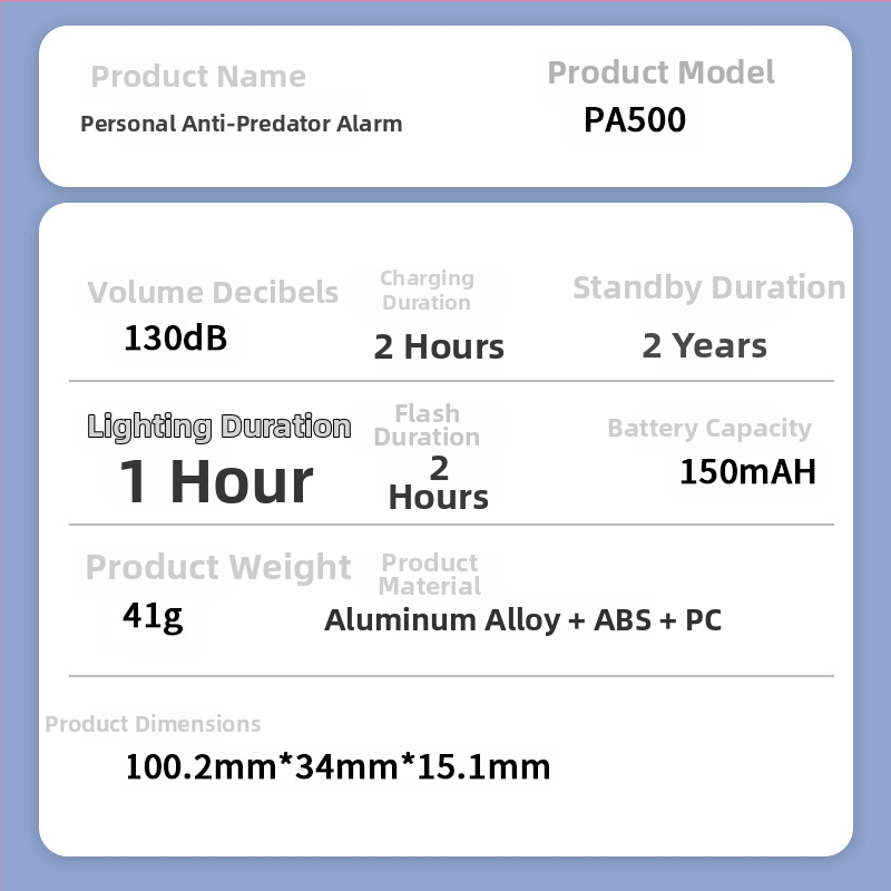 Asmeninis įspėjamasis prietaisas prieš vilkus, 130 dB, įkraunamas aliuminio lydinio korpusas, Pa500, LED indikatorius