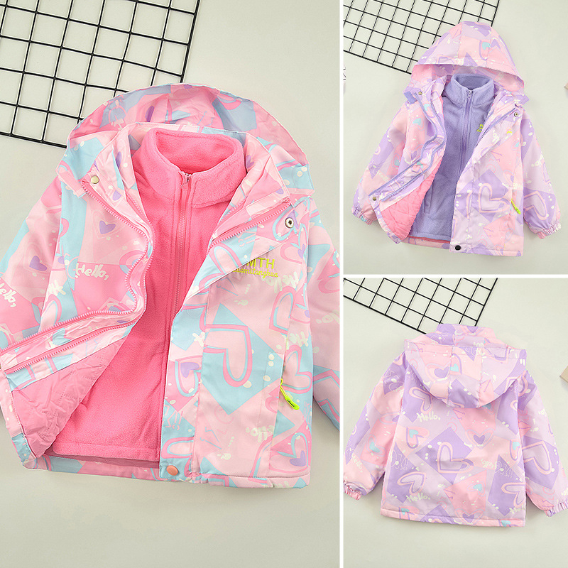 Lányoknak szóló téli kabát levehető kapucnival, hosszú ujjú, cipzáras zárás, poliészter bélés