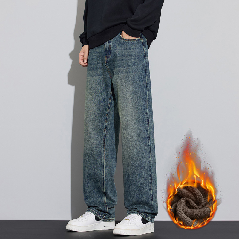 Meeste vaba lõikega ja sirgete säärtega teksad, tõmblukk, tasku kaunistused, puuvillane kauboi kangas, talv 2025