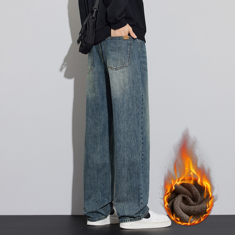 Meeste vaba lõikega ja sirgete säärtega teksad, tõmblukk, tasku kaunistused, puuvillane kauboi kangas, talv 2025