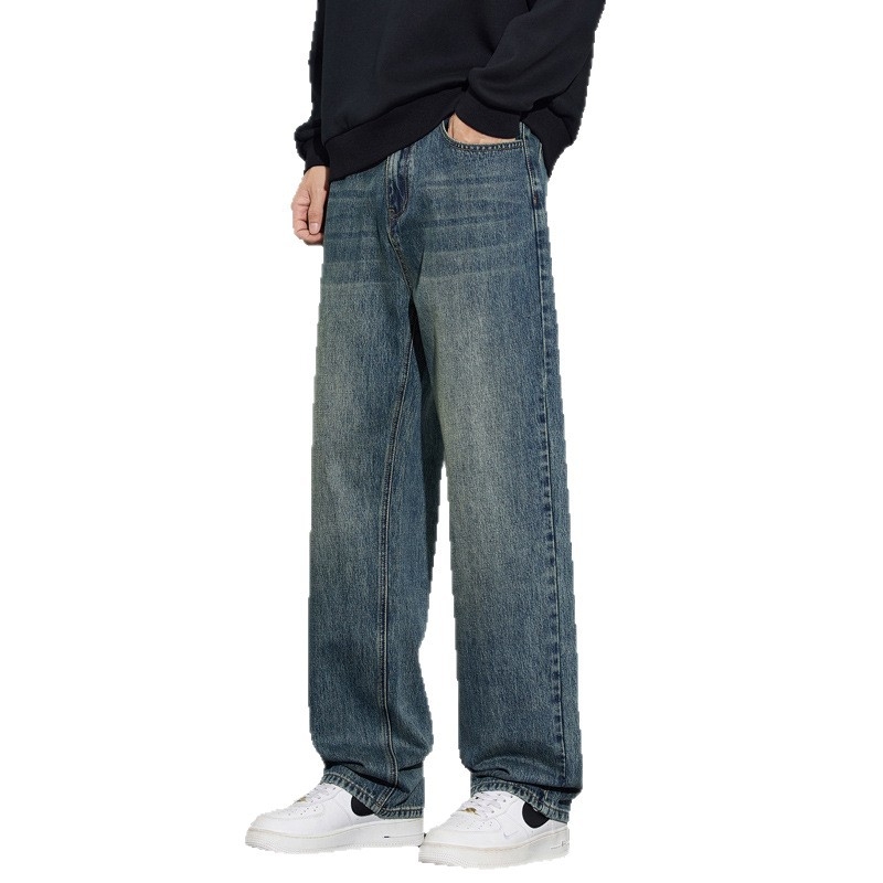 Meeste vaba lõikega ja sirgete säärtega teksad, tõmblukk, tasku kaunistused, puuvillane kauboi kangas, talv 2025