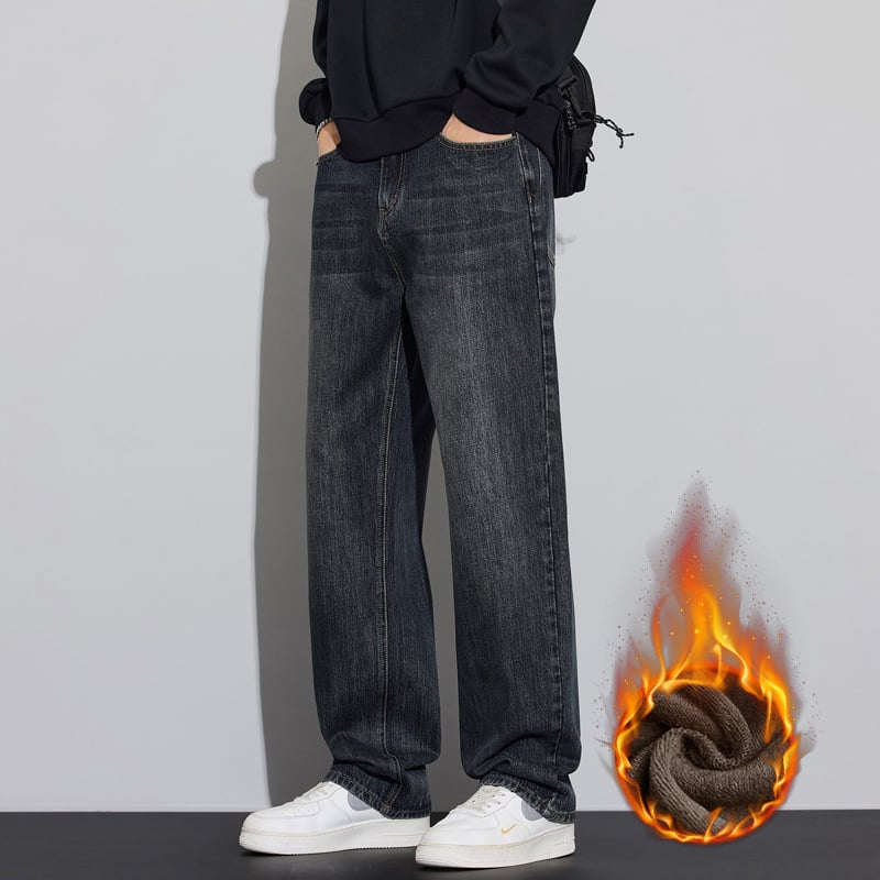 Meeste vaba lõikega ja sirgete säärtega teksad, tõmblukk, tasku kaunistused, puuvillane kauboi kangas, talv 2025