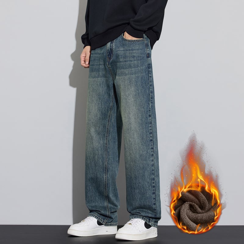 Meeste vaba lõikega ja sirgete säärtega teksad, tõmblukk, tasku kaunistused, puuvillane kauboi kangas, talv 2025