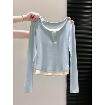 Hosszú ujjú póló, karcsúsított fazon, U-nyakú, poliészter, japán-koreai lazább stílus (Őszi 2025)