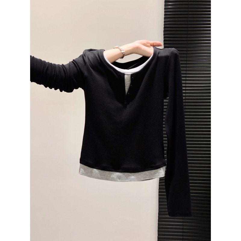 Hosszú ujjú póló, karcsúsított fazon, U-nyakú, poliészter, japán-koreai lazább stílus (Őszi 2025)