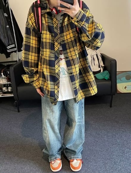 Košeľa-cardigan s kockovaným vzorom, dlhé rukávy, voľný strih, štvorcový golier, polyester