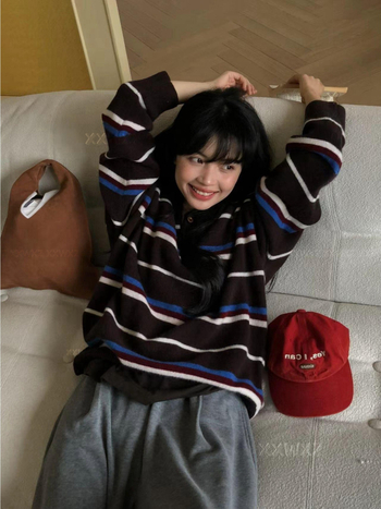 Pulover tricotat cu glugă, dungat, din lână cu amestec de viscoză, inspirat de design coreean, stil casual, mâneci lungi