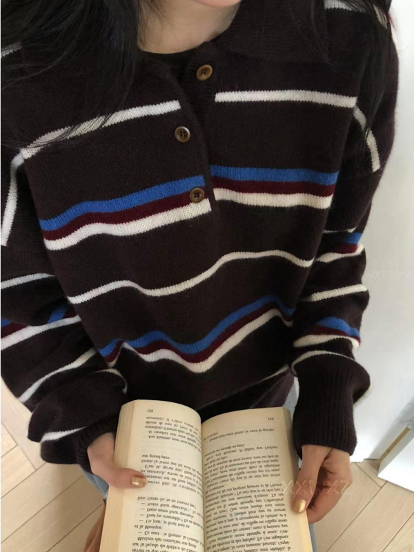 Pulover tricotat cu glugă, dungat, din lână cu amestec de viscoză, inspirat de design coreean, stil casual, mâneci lungi