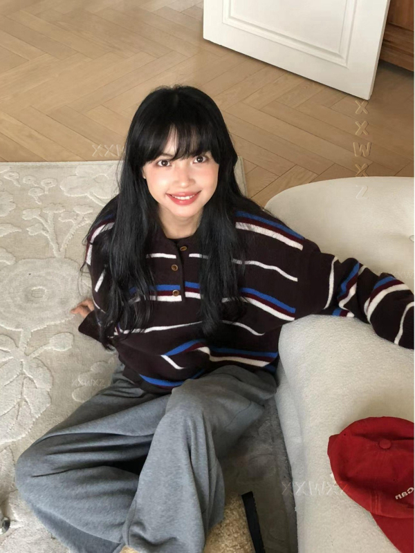 Pulover tricotat cu glugă, dungat, din lână cu amestec de viscoză, inspirat de design coreean, stil casual, mâneci lungi