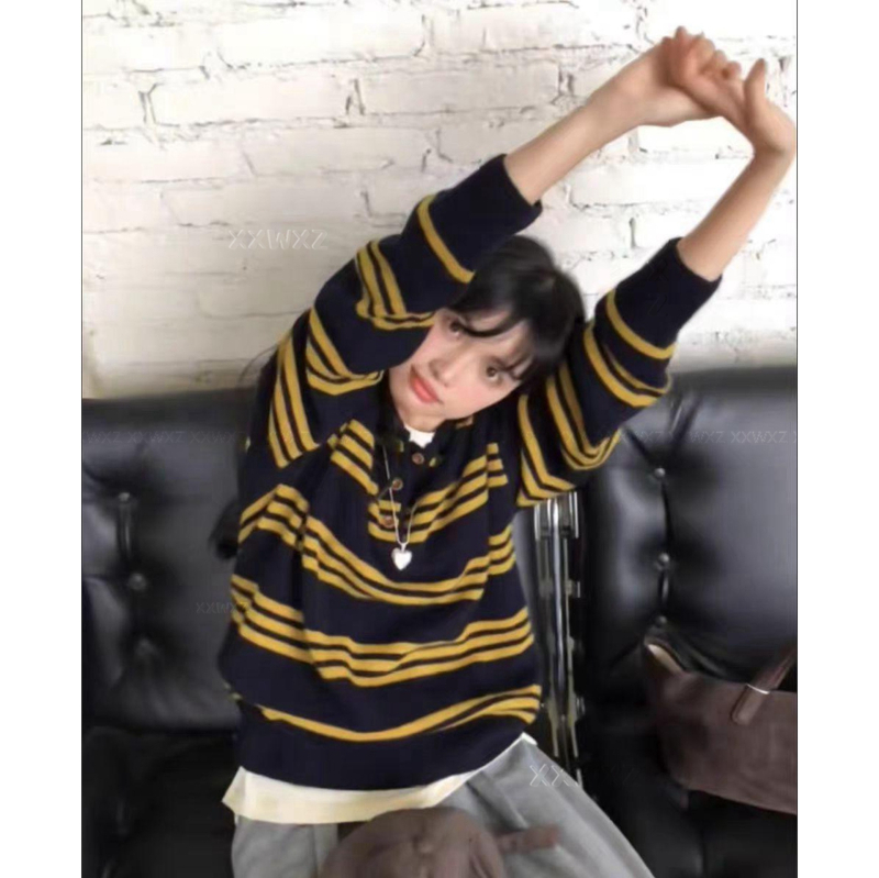 Pulover tricotat cu glugă, dungat, din lână cu amestec de viscoză, inspirat de design coreean, stil casual, mâneci lungi