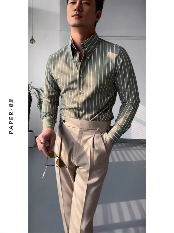 Πουκάμισο ριγέ με μακριά μανίκια, φαρδιά γραμμή, γιακά πέτο, αναπνεύσιμο πολυεστέρας