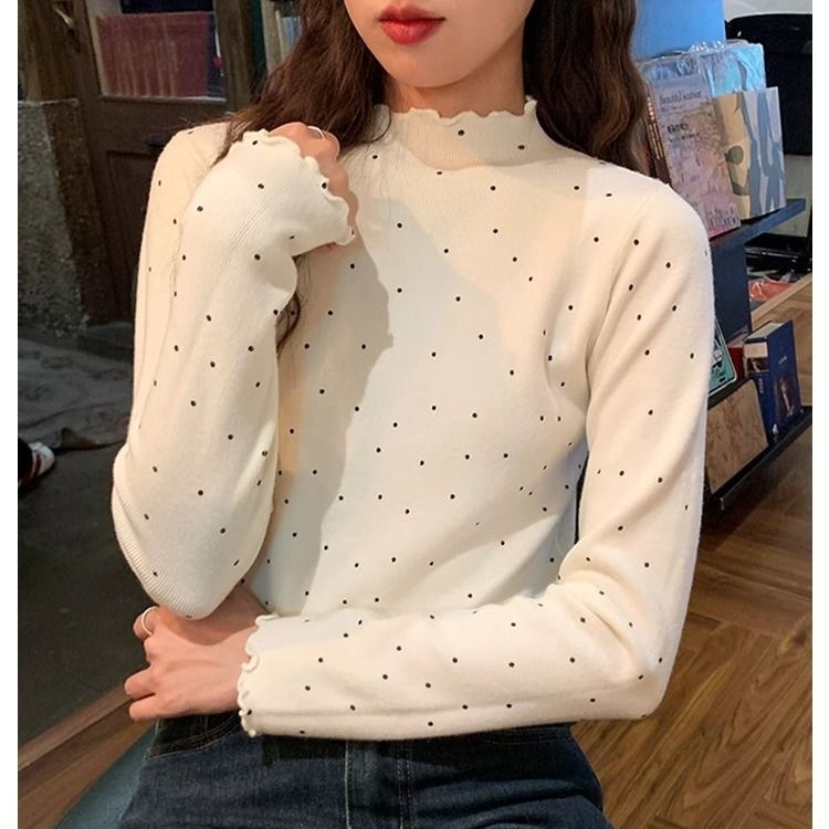 Fél-nyakú kötött felső, ujjatlan, pöttyös mintával, oversize szabás, hímzett részletekkel
