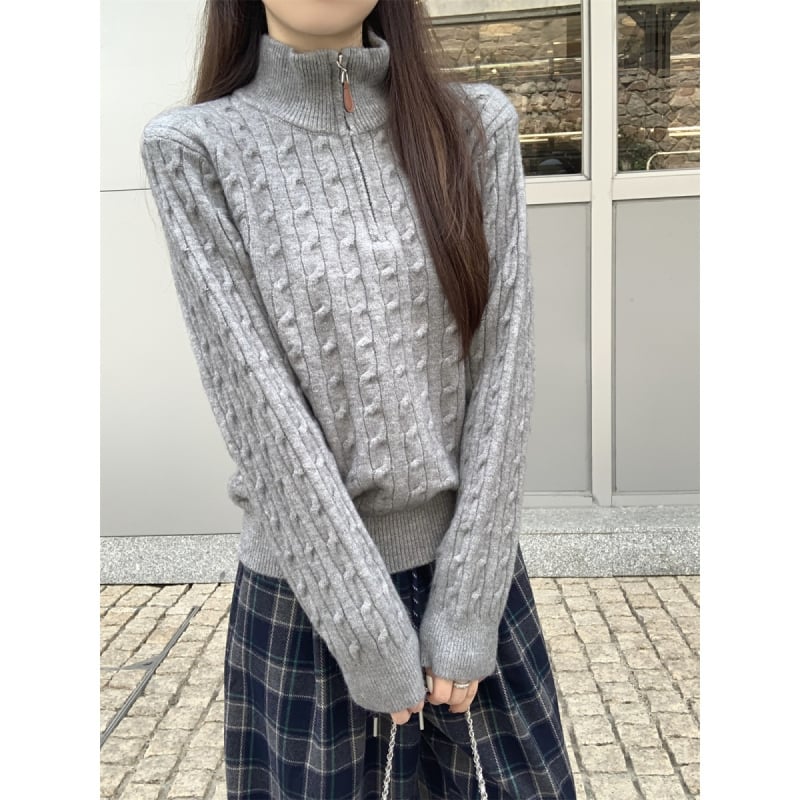 Pulover s pola stisnutim ovratnikom, dugi rukavi, poliester vlakno, japansko-korejski ležerni stil