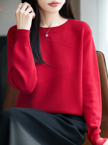 Női 100% pamutból készült vastag kötött pulóver, kerek nyakú, hosszú ujjú, városi elegáns stílus