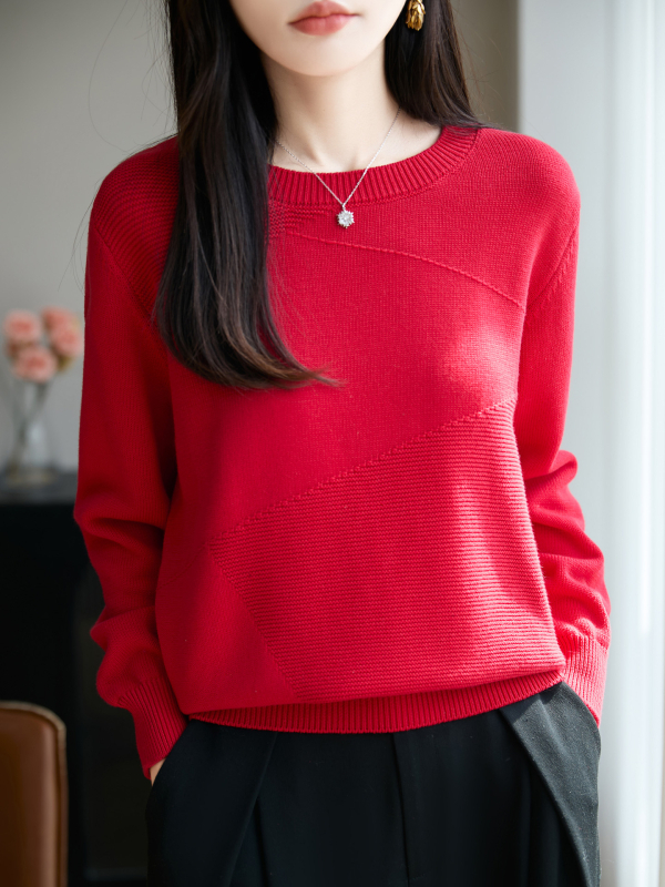 Női 100% pamutból készült vastag kötött pulóver, kerek nyakú, hosszú ujjú, városi elegáns stílus