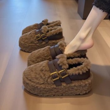 Γυναικεία γούνινα παπούτσια με παχιά σόλα, slip-on, πάνω μέρος από συνδυασμό υλικών, βαμβακερή επένδυση, καουτσούκ σόλα