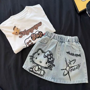 Set za djevojčice: majica s karikaturom i denim suknja, ljeto, pamuk 90%, uzrast 3–8 godina