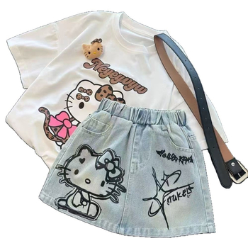 Set za djevojčice: majica s karikaturom i denim suknja, ljeto, pamuk 90%, uzrast 3–8 godina