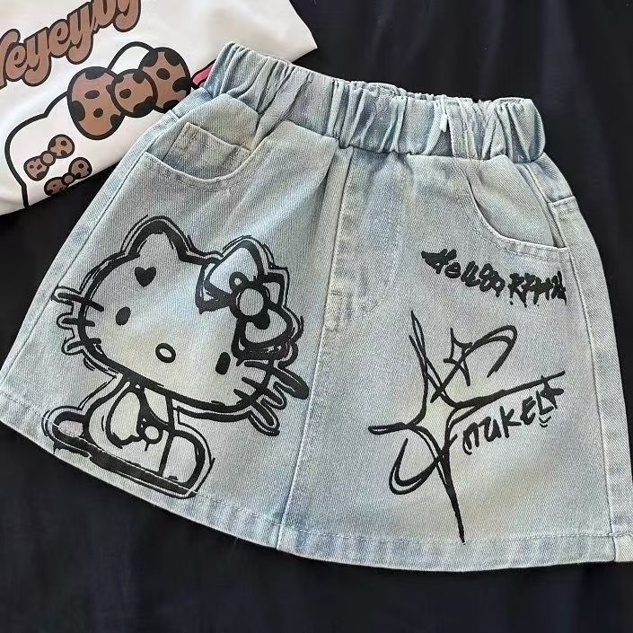 Set za djevojčice: majica s karikaturom i denim suknja, ljeto, pamuk 90%, uzrast 3–8 godina
