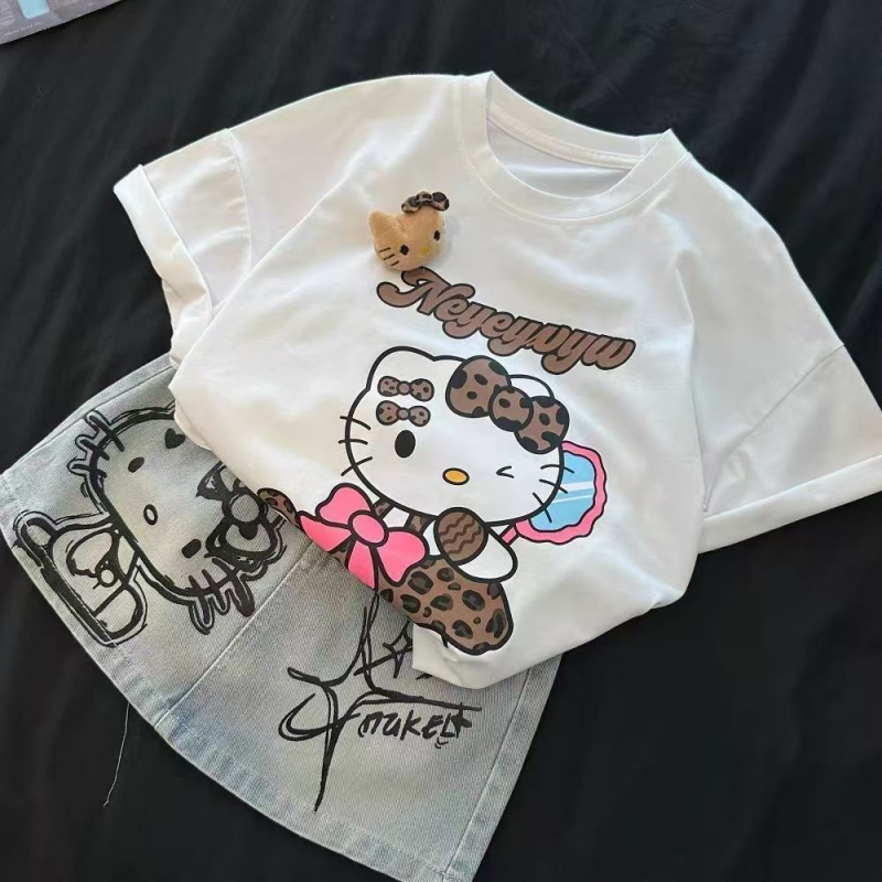 Set za djevojčice: majica s karikaturom i denim suknja, ljeto, pamuk 90%, uzrast 3–8 godina